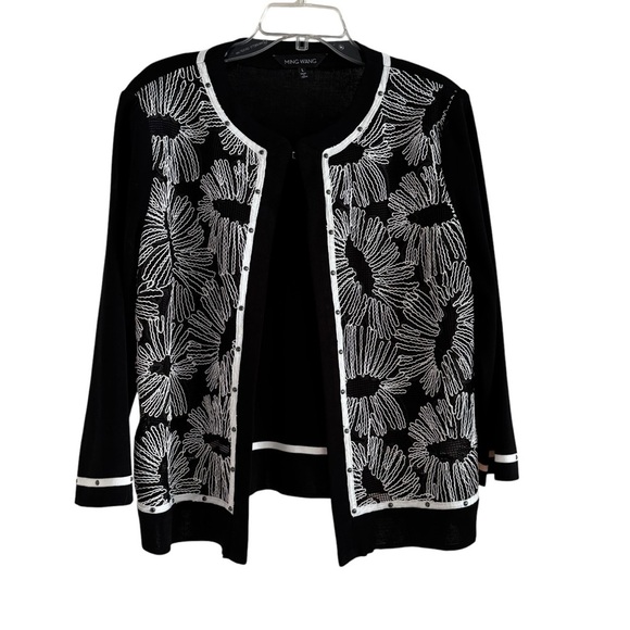 Ming Wang Floral Embroidered Knit Jacket Black and White Size L - Picture 6 of 15